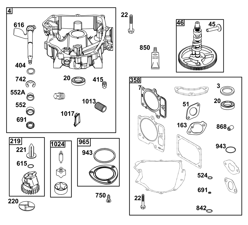 Crankcase Cover/Sump Group Diagram and Parts List for 44N877-0020-G1 400000 - 699999 Briggs and Stratton Engine